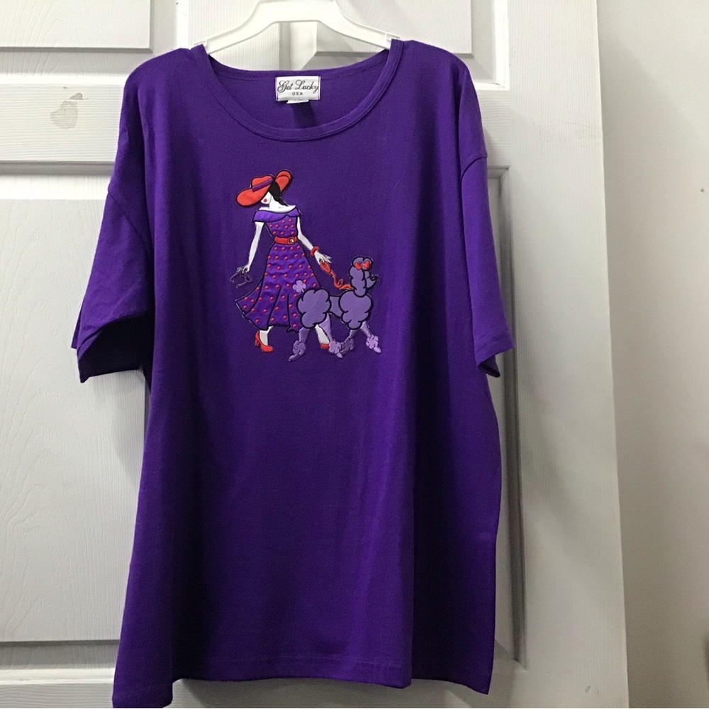 Plus size purple shirt Get Lucky lady red hat walking poodle large appliqué